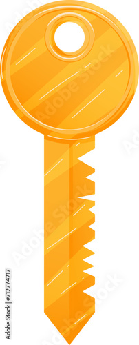 Golden yellow key with a round head and a detailed cut. Security concept and access control vector illustration. photo
