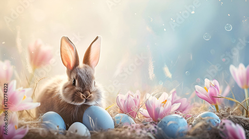 An adorable bunny among bright crocuses and pastel Easter eggs against a background of muted tones, with space for text. Easter card with copy space. photo