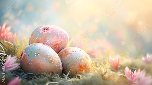 Artistically painted Easter eggs rest in a nest among blooming spring flora, bathed in the warm golden light of dawn, against a peaceful bokeh backdrop of a copy space.