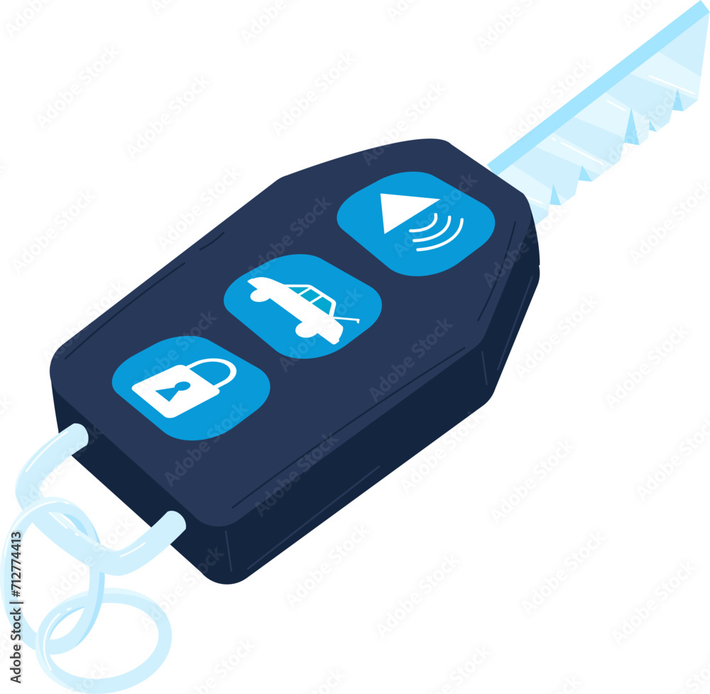 Isometric car key remote with buttons for lock, unlock, and alarm