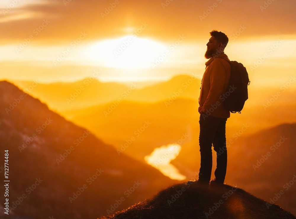 Silhouette of person on the peak of the mountain at sunset. Travel concept background with copy space. Silhouette of person on the peak of the mountain at sunset. Travel concept background with copy space.