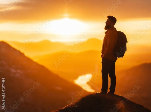 Silhouette of person on the peak of the mountain at sunset. Travel concept background with copy space.