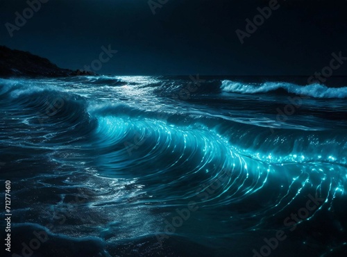 Bioluminescent waves in the sea at night