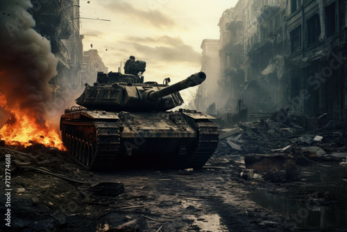 A tank in the middle of a war-torn city, with smoke and debris from destroyed buildings in the background