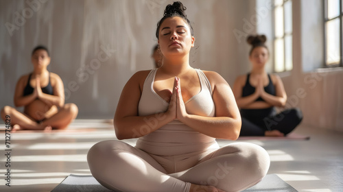 young plump plus-size woman in sportswear doing yoga, studio, gym, sports class, fitness center, girl, weight loss, Pilates, breathing, body, training, muscles, healthy lifestyle, activity, lotus