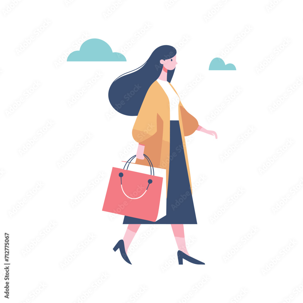 FLAT CHARACTER OF WOMAN WITH SHOPPING BAG ILLUSTRATION VECTOR