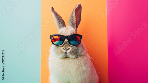 Vintage Cool bunny with sunglasses on colorful background. AI Generative
