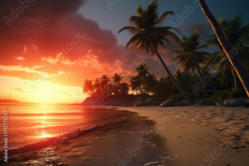 a deserted beach with palm trees and a beautiful sunset