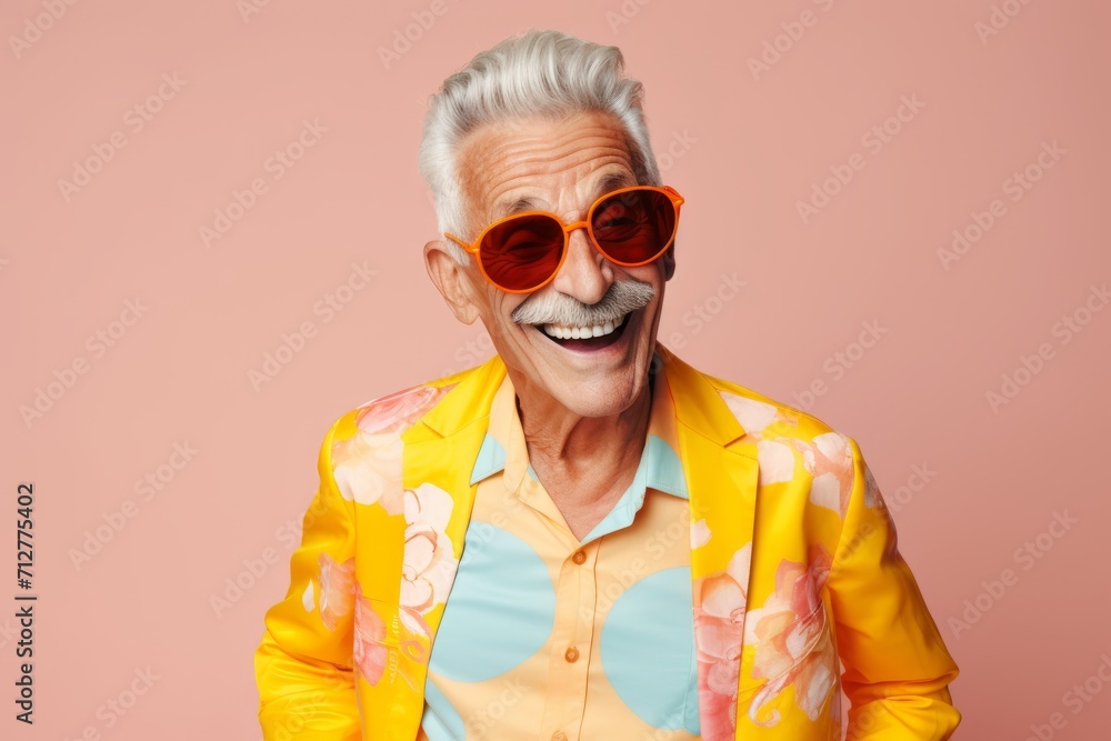 Portrait of a happy senior man in sunglasses. Isolated on pink background.