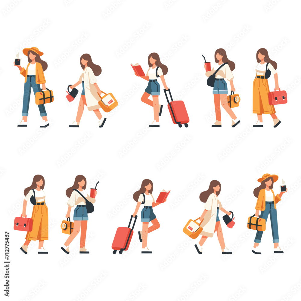 TEEN FLAT CHARACTER SET OF WOMAN TRAVEL TOURIST ILLUSTRATION VECTOR