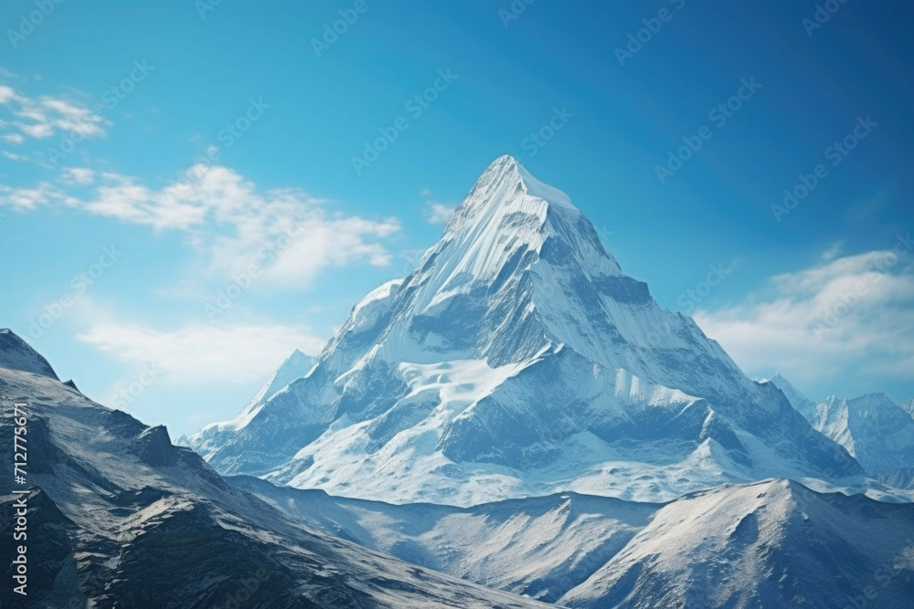 a majestic mountain peak with snow-capped peaks and a vibrant blue sky in the background