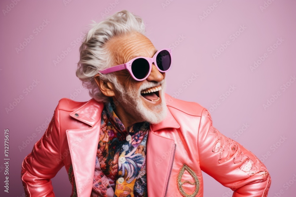 Cheerful senior man in sunglasses and a pink jacket is posing on a pink background.