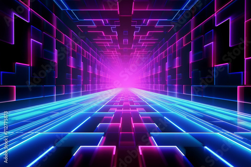 Futuristic neon tunnel with a bright light at the end.