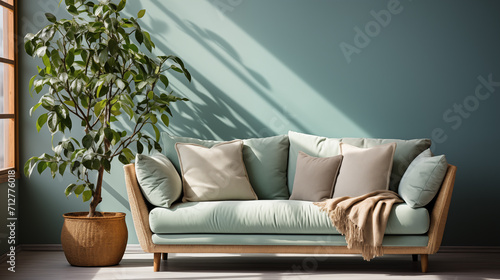 Light stylish furniture, light blue or marine color armchair with decorative pillow, home style