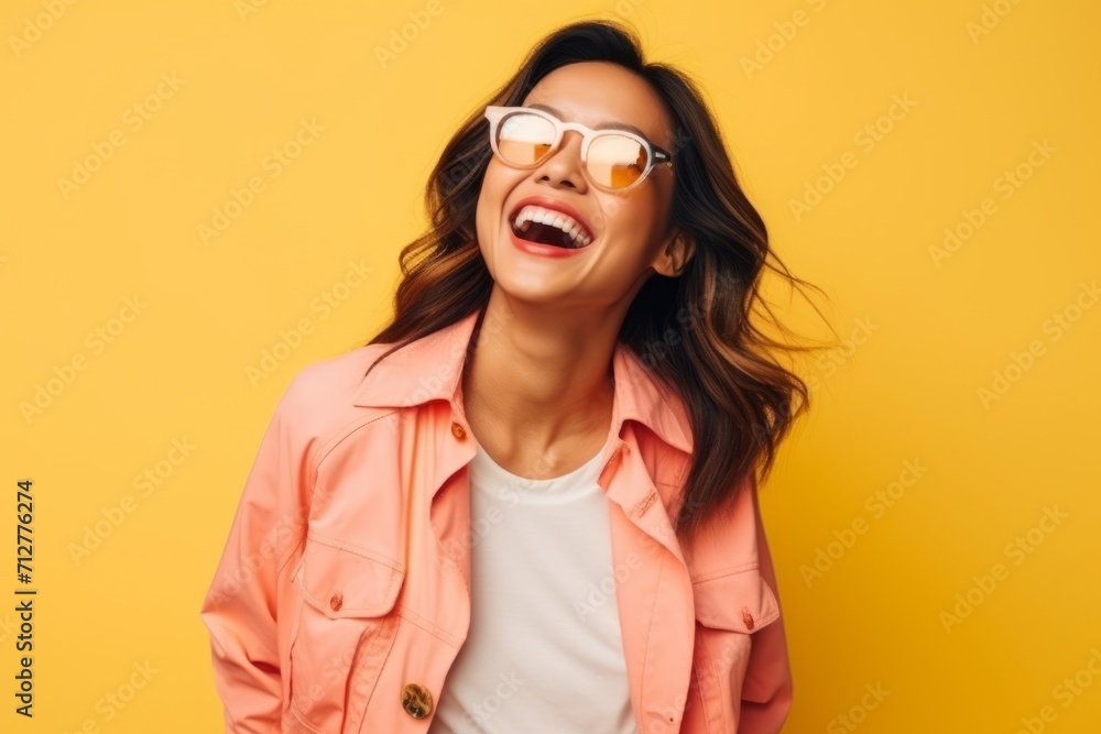 Portrait of a happy young woman in sunglasses over yellow background. Portrait of a happy young woman in sunglasses over yellow background.