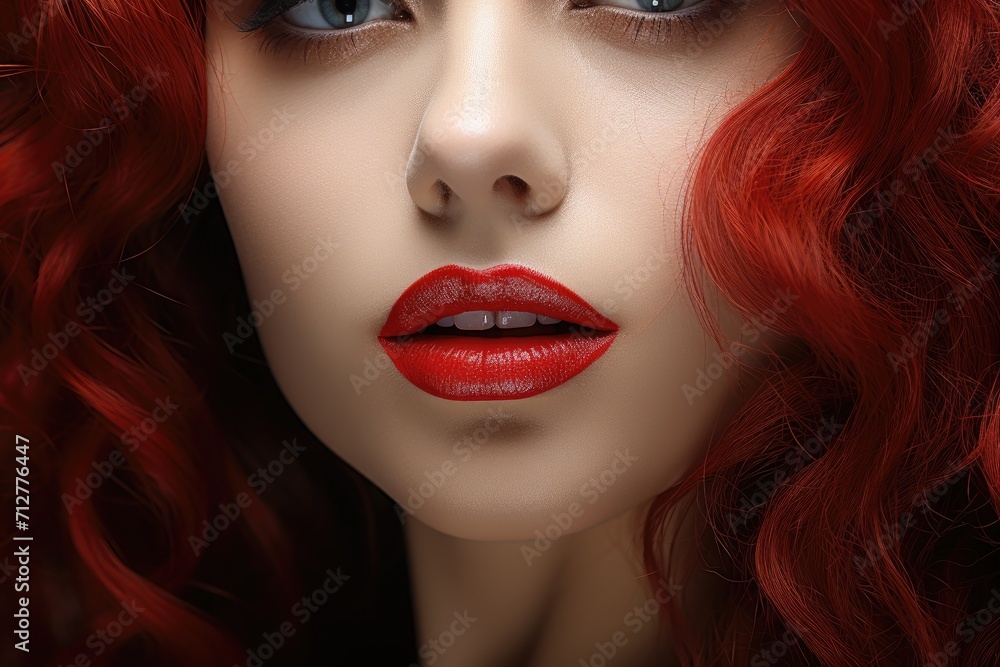 Portrait of a beautiful woman with fair skin, green eyes, red hair and red lipstick. Lips makeup red lipstick. Cosmetics advertising. Romantic image of a woman with makeup. Cover of a women's magazine Portrait of a beautiful woman with fair skin, green eyes, red hair and red lipstick. Lips makeup red lipstick. Cosmetics advertising. Romantic image of a woman with makeup. Cover of a women's magazine