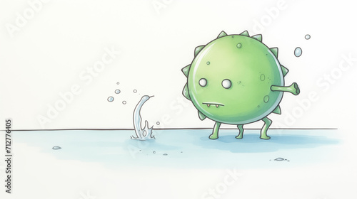 The green virus character water color, cartoon, hand drawing, animation 3D, vibrant, minimalist style. ai generated.