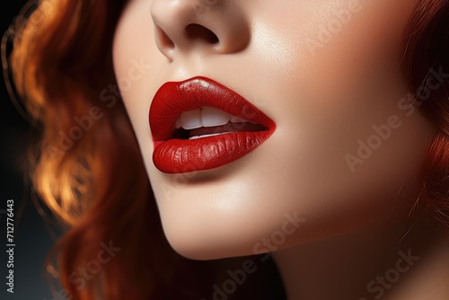 Portrait of a beautiful woman with fair skin  red hair and red lipstick. Lips close-up makeup red lipstick. Cosmetics advertising. Romantic image of a woman with makeup. Cover of a women s magazine.