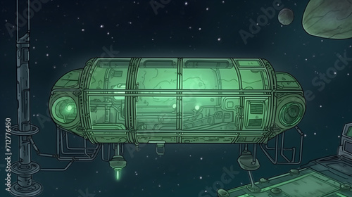 The space station is currently observing a green-colored star. water color, cartoon, hand drawing, animation 3D, vibrant, minimalist style. ai generated.