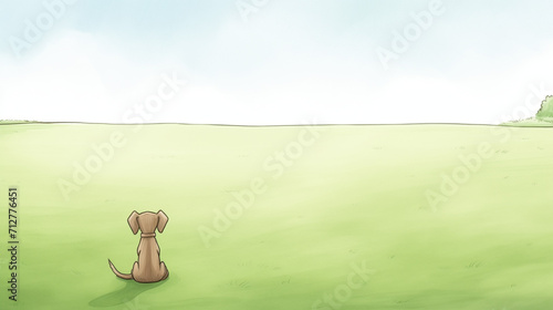 A dog is patiently waiting on the lush green lawn for its owner to return water color, cartoon, hand drawing, animation 3D, vibrant, minimalist style. ai generated.