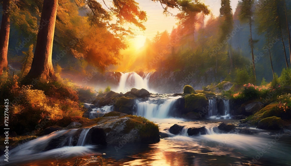 beautiful forest at the morning with waterfall
