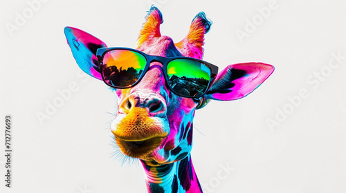 giraffe in sunglasses, art summer animal illustration on white background