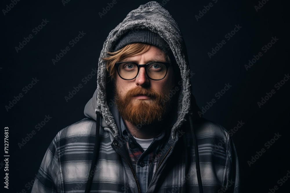 A portrait of a brutal bearded hipster man in a gray hoodie and glasses. A portrait of a brutal bearded hipster man in a gray hoodie and glasses.
