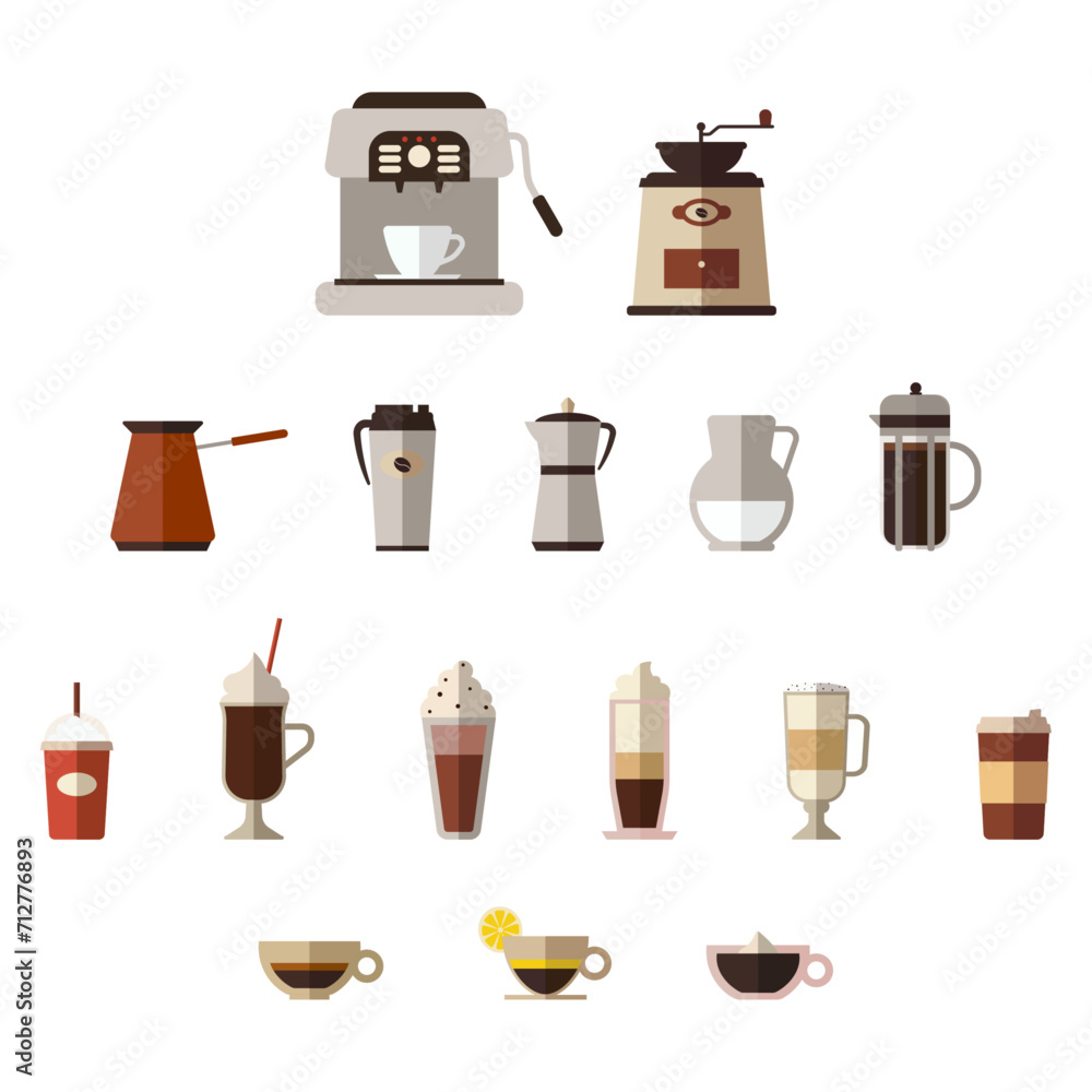 Set of hot and cold drinks. Collection of different coffee types and accessories. Cappuccino, latte and coffee with lemon. Paper mug, cups and glasses. Flat vector icon illustration isolated Set of hot and cold drinks. Collection of different coffee types and accessories. Cappuccino, latte and coffee with lemon. Paper mug, cups and glasses. Flat vector icon illustration isolated