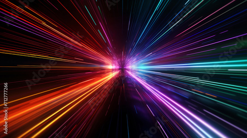 Abstract neon light streaks radiating from central point with vibrant colors, speed concept photo