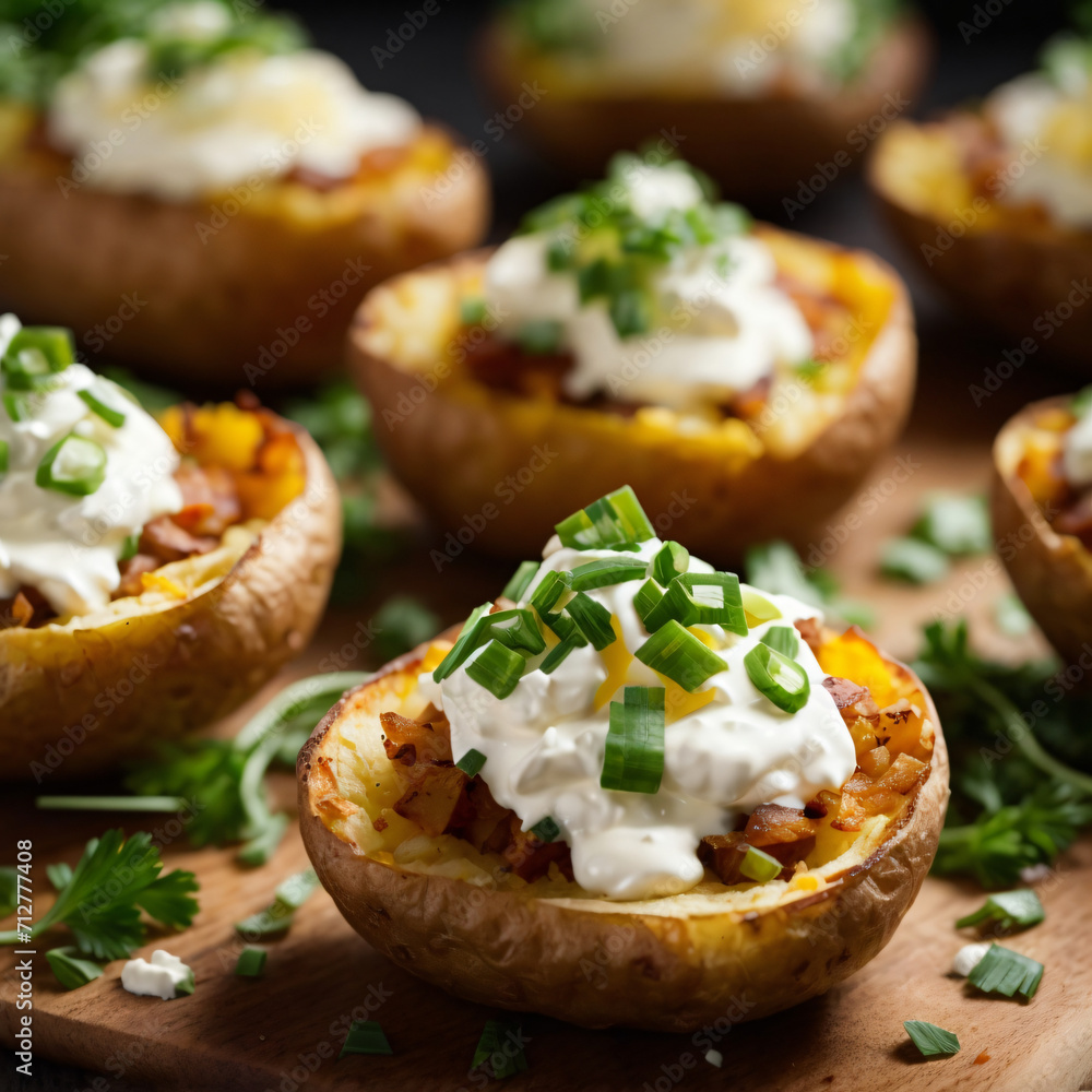 Loaded Potato Skins - Irresistible Crispy Goodness with Tangy Sour Cream and Fresh Chives Loaded Potato Skins - Irresistible Crispy Goodness with Tangy Sour Cream and Fresh Chives
