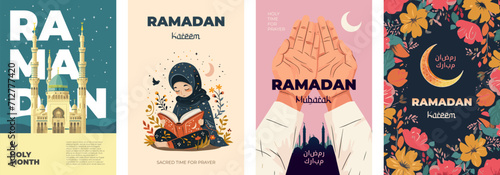 Islamic holy month Ramadan Kareem posters. Islam mosque with crescent. Moslem girl reads Quran. Man palms folded in Muslim prayer. Festive floral ornament. Arabic text translation Ramadan Mubarak. Eps