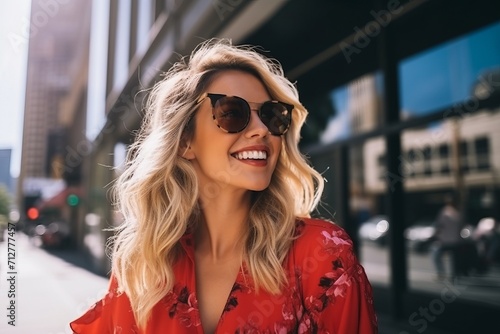 Closeup portrait of a beautiful young blonde woman in sunglasses on the city street