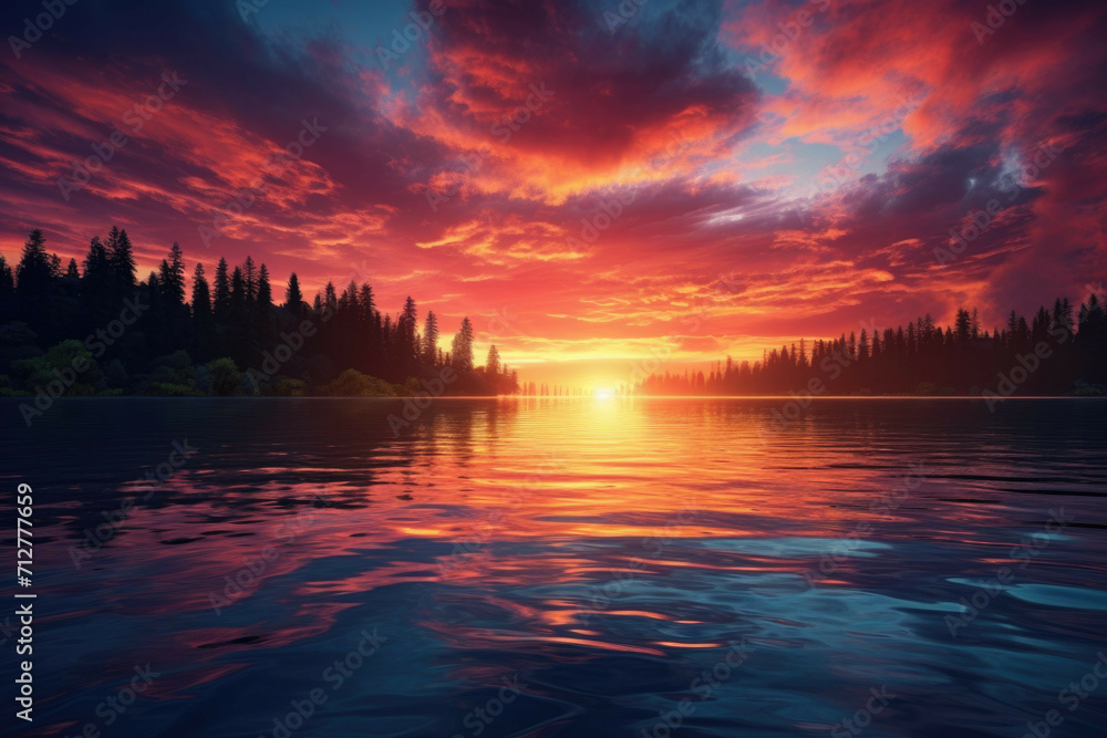 A bright, colorful sunrise over a calm lake