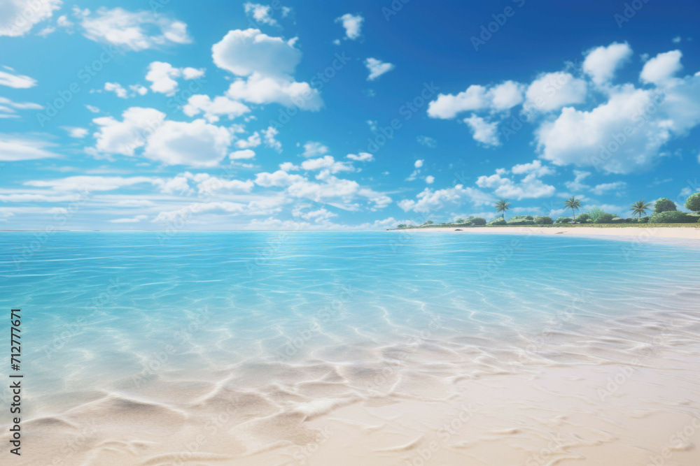 A colorful, vibrant beach with white sand, clear blue water, and a bright, sunny sky A colorful, vibrant beach with white sand, clear blue water, and a bright, sunny sky