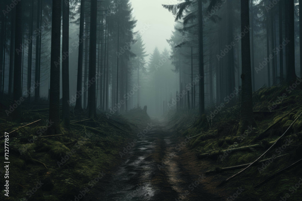 A foggy, misty forest with tall trees, winding paths, and a mysterious atmosphere A foggy, misty forest with tall trees, winding paths, and a mysterious atmosphere