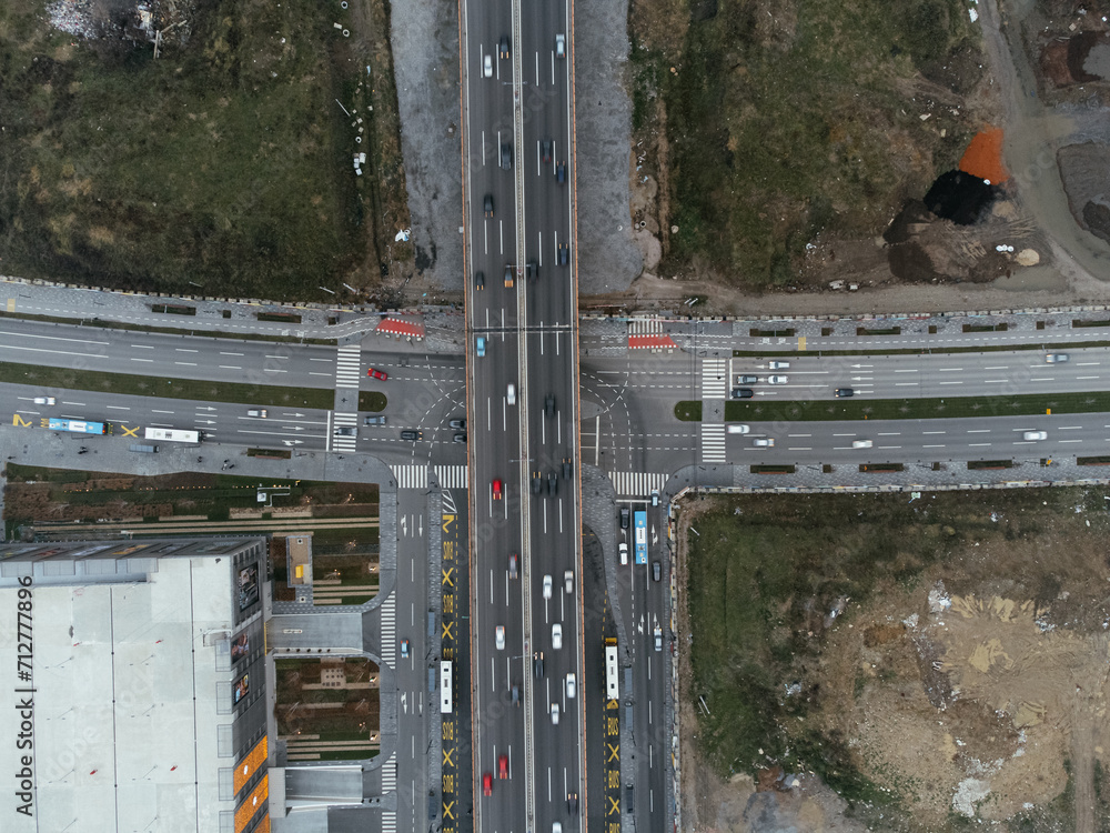 Aerial drone view of a road junction in Belgrade, Serbia, Europe.