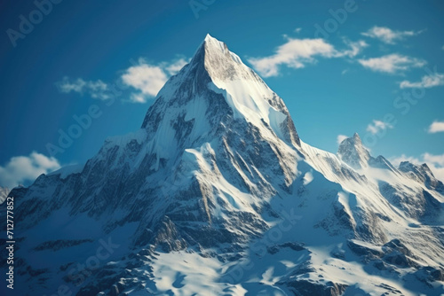 A majestic mountain peak with snow-capped peaks and a clear blue sky