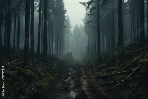 A foggy  misty forest with tall trees  winding paths  and a mysterious atmosphere