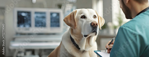 Obraz na płótnie Attentive Labrador retriever looking up at a veterinarian in a clinical setting. Focused canine gazing at its doctor within the confines of a vet's office. Panorama with copy space. w salonie