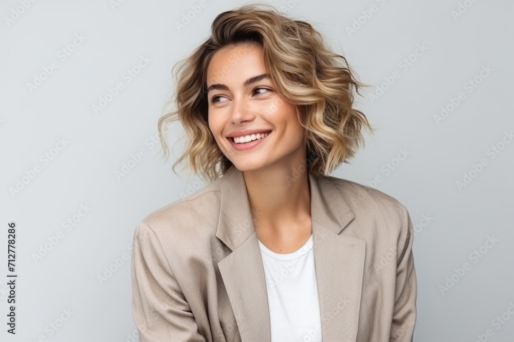 Portrait of a smiling young businesswoman looking up over grey background Portrait of a smiling young businesswoman looking up over grey background