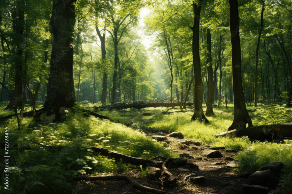 Obraz premium A bright, sunny day in a lush, green forest with the sunlight streaming through the trees