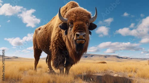 Majestic Bison Grazing Peacefully on the Vast Prairie Landscape - AI-Generative