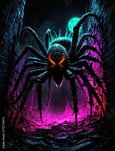 Dark Terrifying Nightmares - One-eyed giant, Giant spider, Scaly serpent, and Spiked monstrosity with neon glow effects Gen AI photo