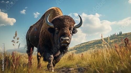 Majestic Bison Grazing Peacefully on the Vast Prairie Landscape - AI-Generative