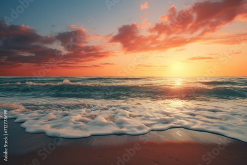 A beach at sunset with a bright orange sky and a calm, blue ocean