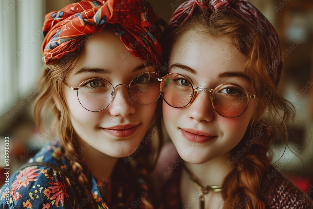 Obraz premium Two young Women With Colorful Headbands and Retro Glasses Indoors During the Day