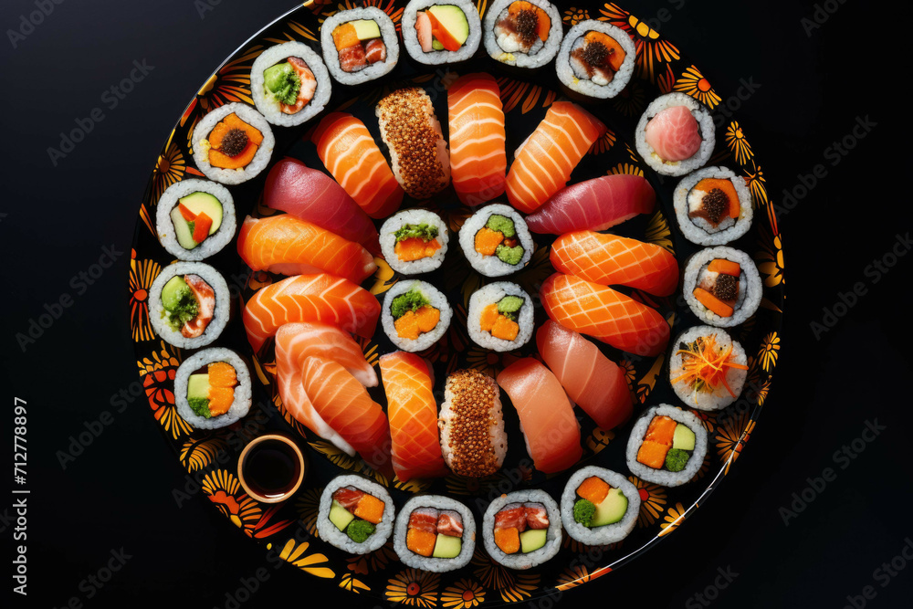 A freshly prepared plate of sushi with a variety of different types of sushi rolls and pieces of fish, arranged in a decorative pattern