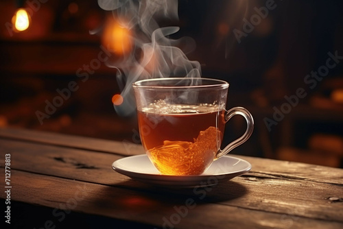 A cup of hot tea with steam rising from it on a wooden table