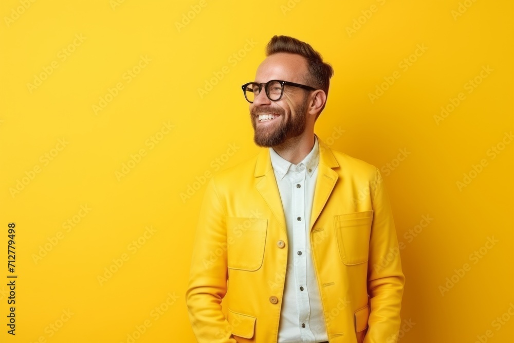 Portrait of a handsome young man in yellow jacket over yellow background