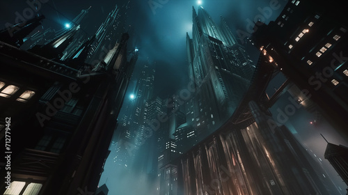 Somber dystopian Gotham city at night